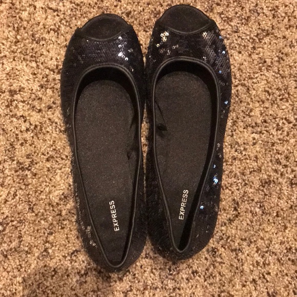 Express Sequins peep toe black flats NEW - Picture 1 of 6